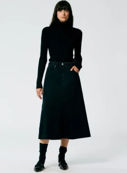 Black Denim Midi A-Line Skirt