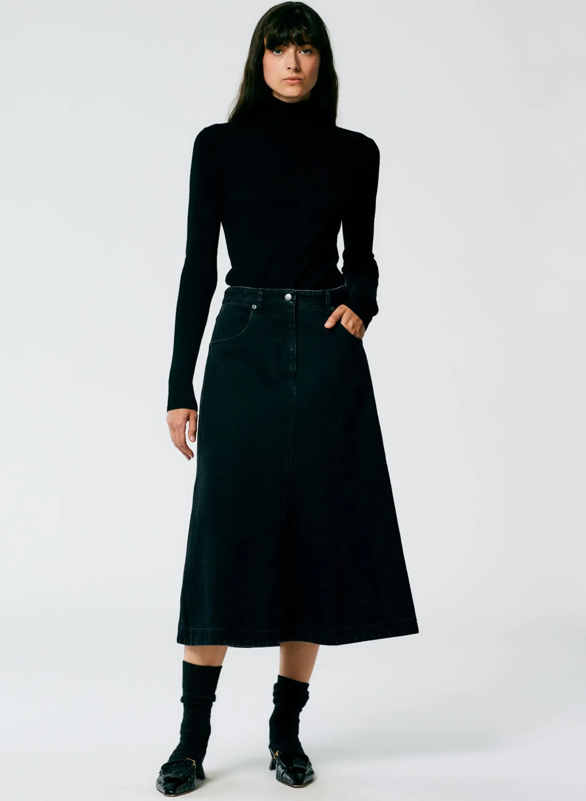 Black Denim Midi A-Line Skirt