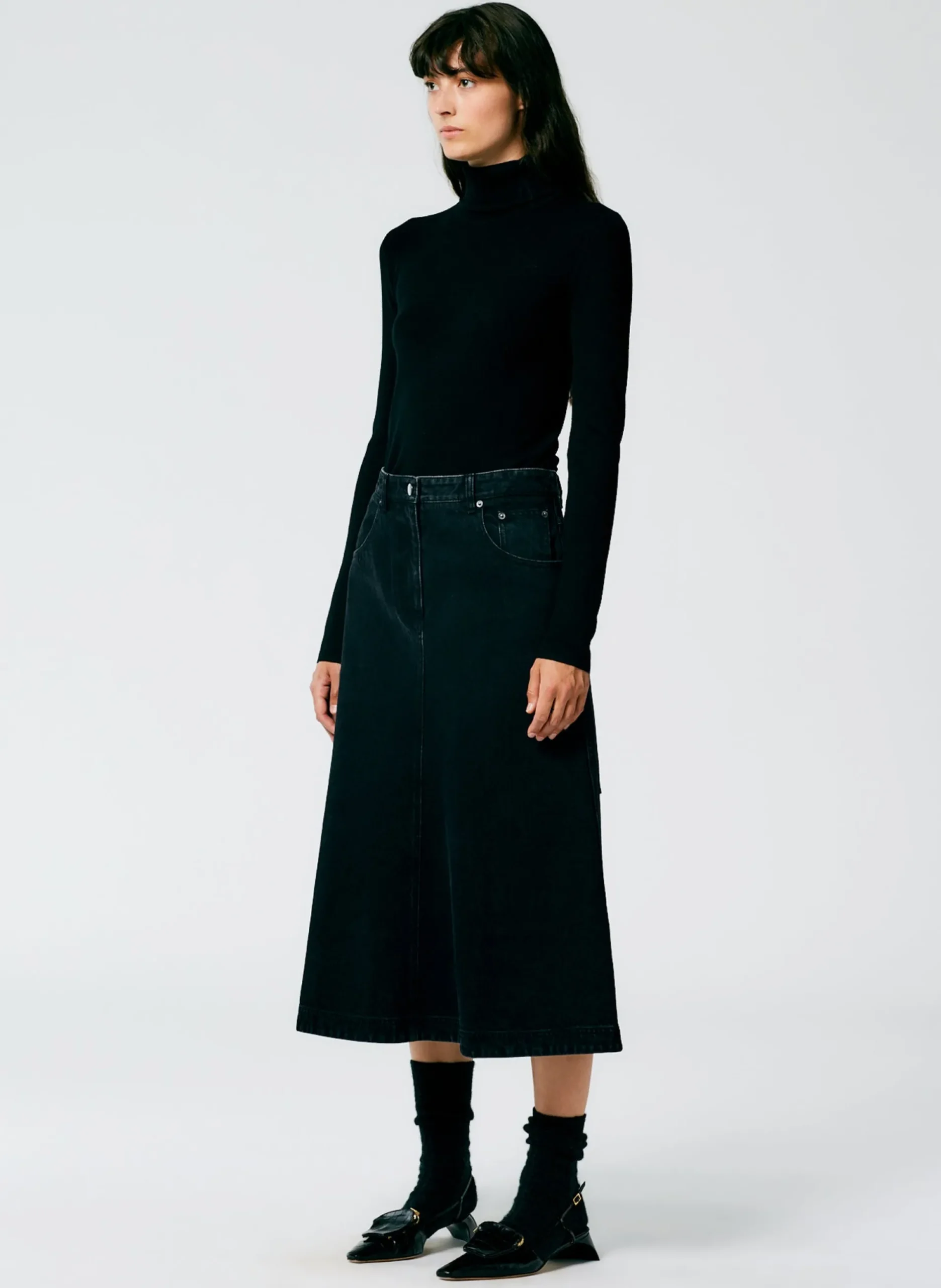 Black Denim Midi A-Line Skirt