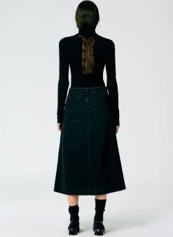 Black Denim Midi A-Line Skirt