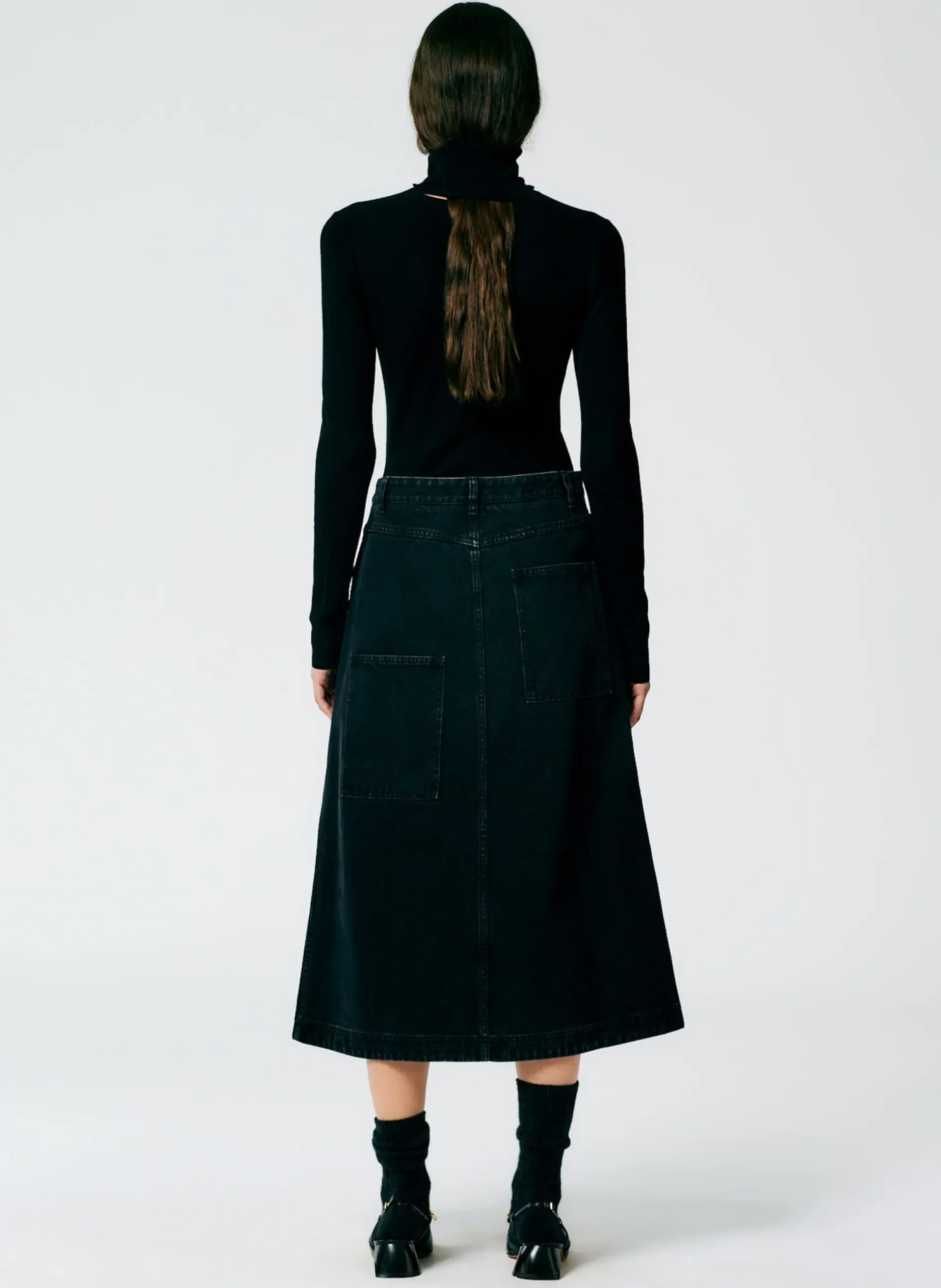 Black Denim Midi A-Line Skirt