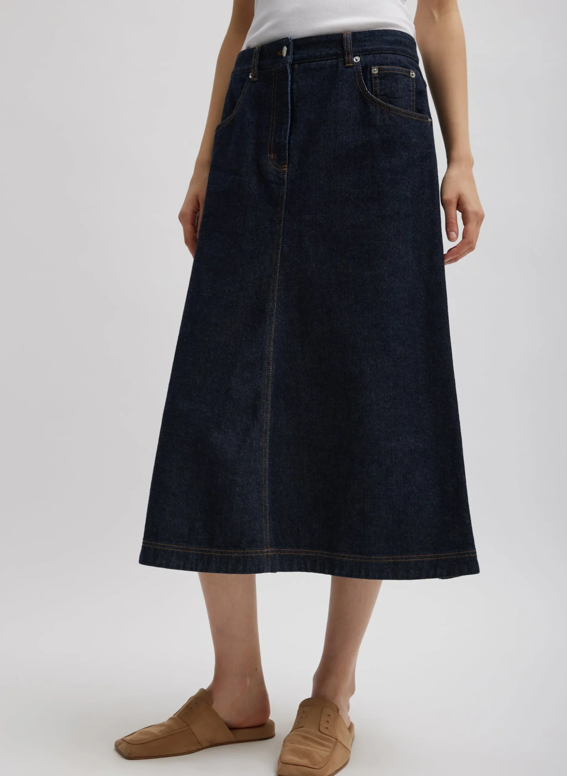 Indigo Denim Midi A-Line Skirt
