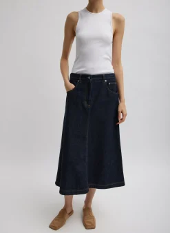 Indigo Denim Midi A-Line Skirt