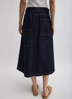 Indigo Denim Midi A-Line Skirt