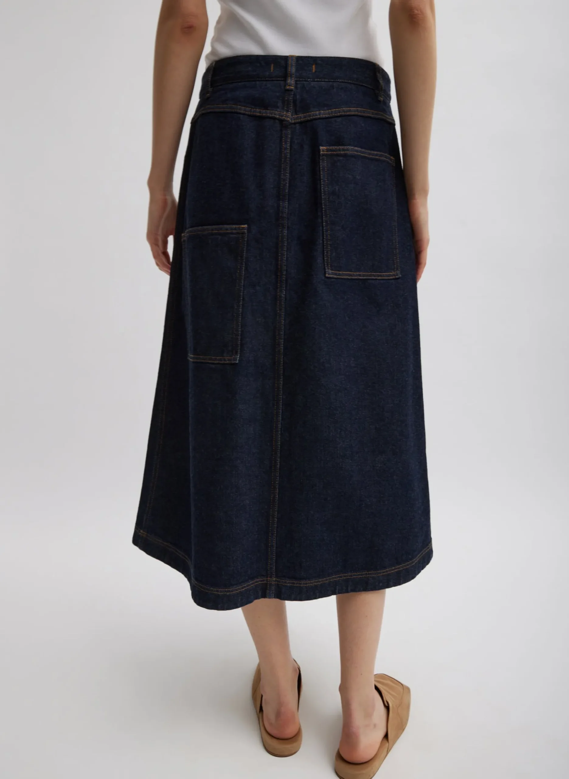 Indigo Denim Midi A-Line Skirt