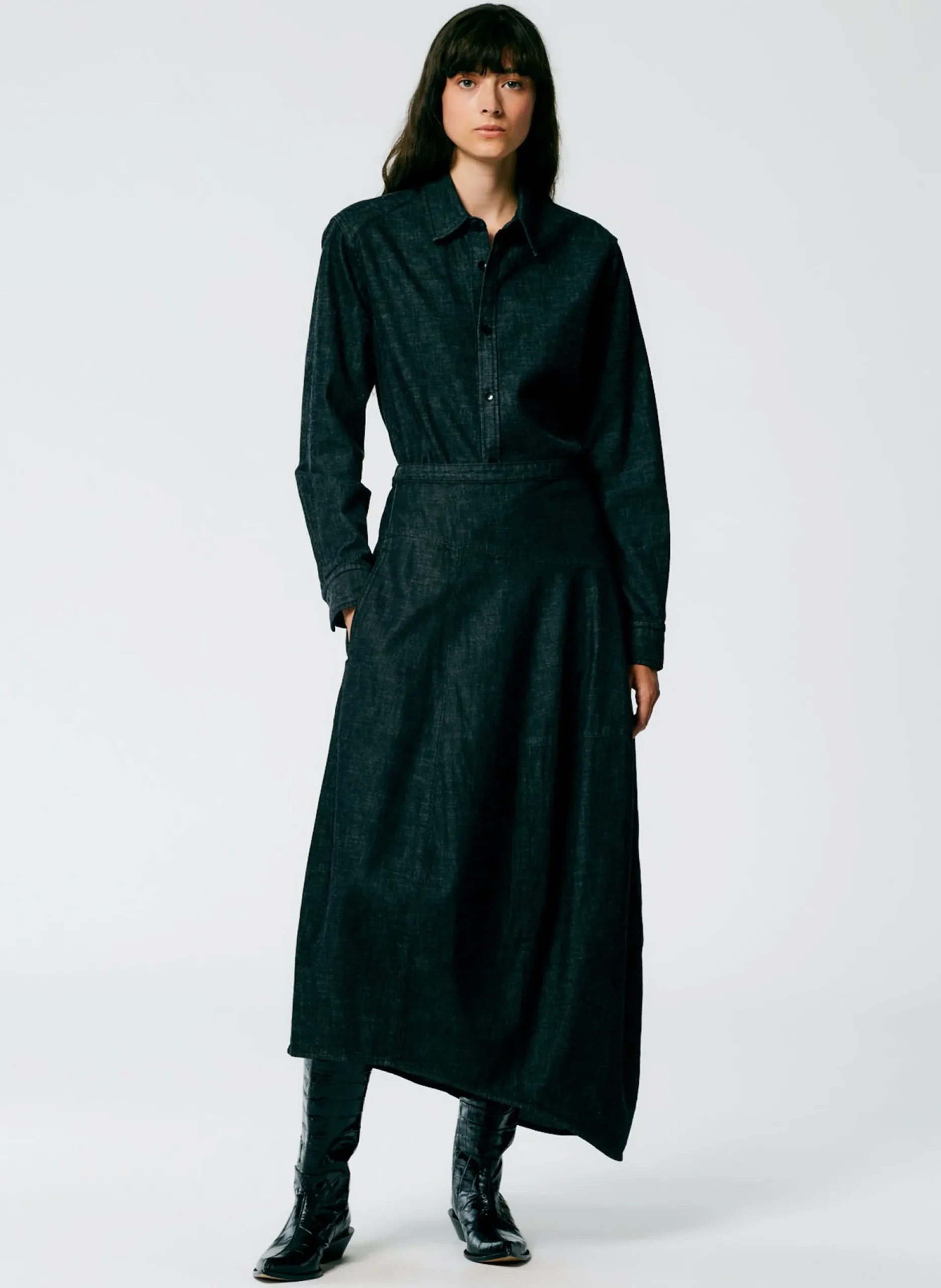 Light Weight Stone Washed Black Denim Asymmetrical Balloon Skirt - Petite