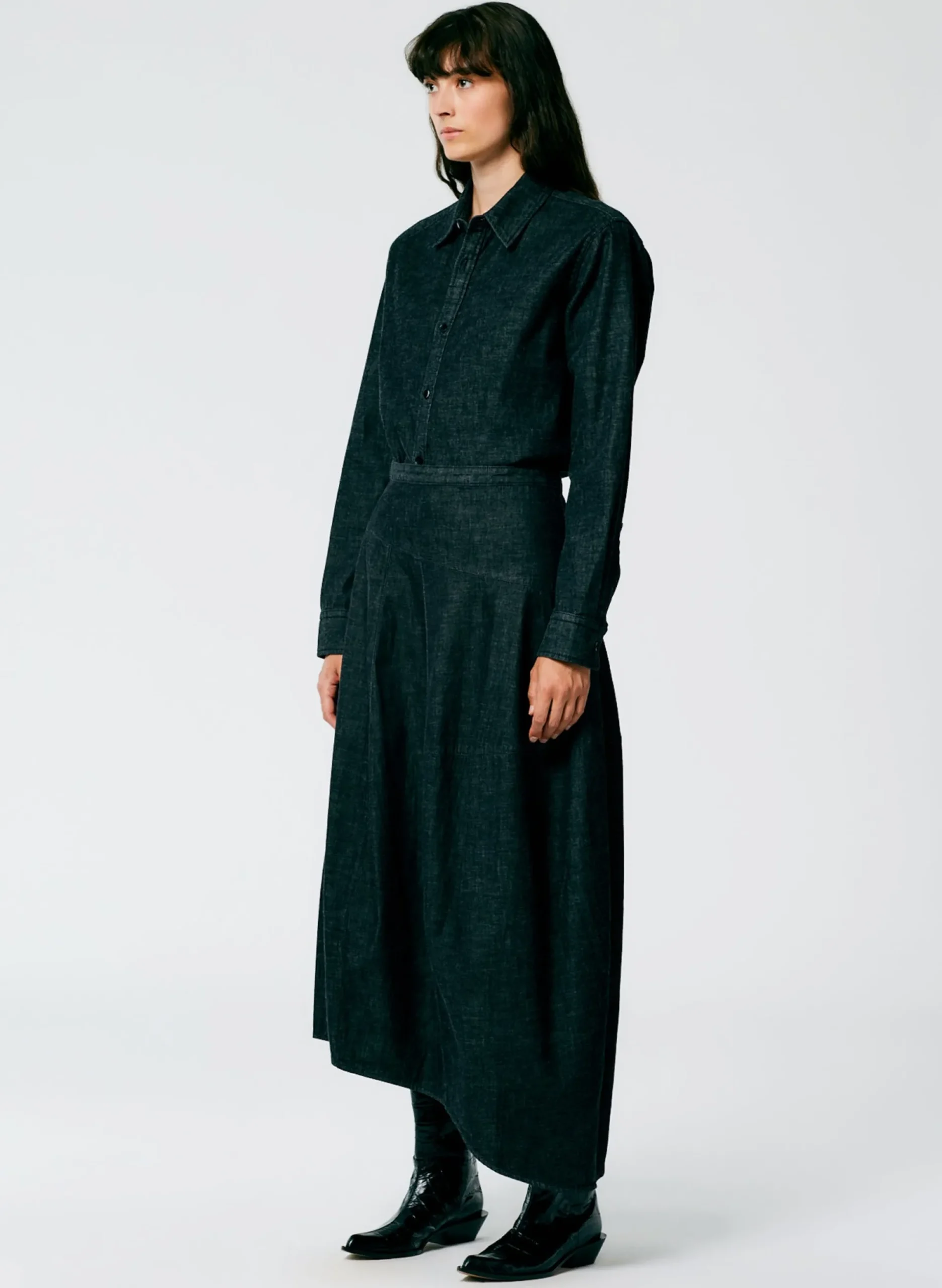 Light Weight Stone Washed Black Denim Asymmetrical Balloon Skirt - Petite