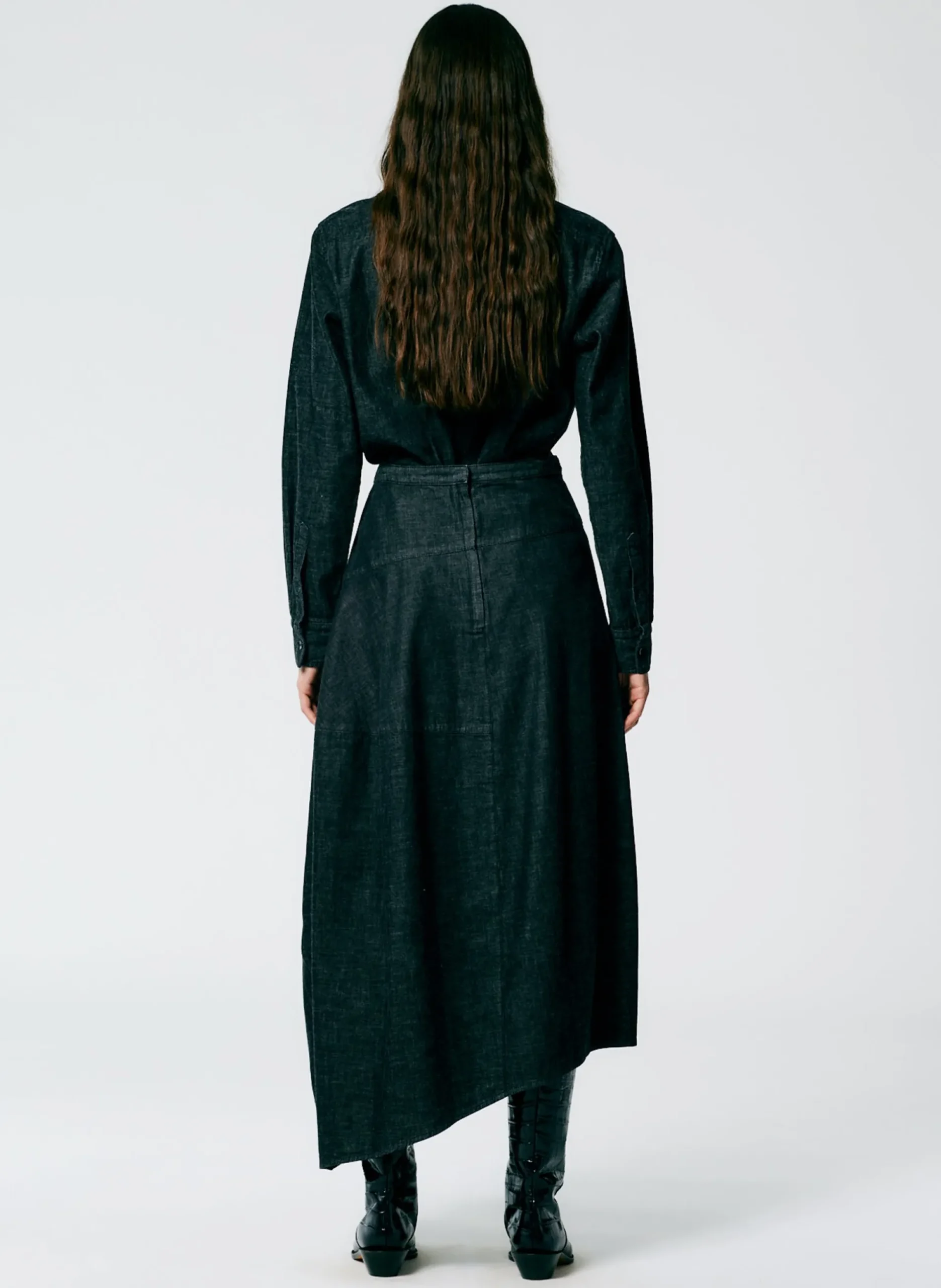 Light Weight Stone Washed Black Denim Asymmetrical Balloon Skirt - Petite