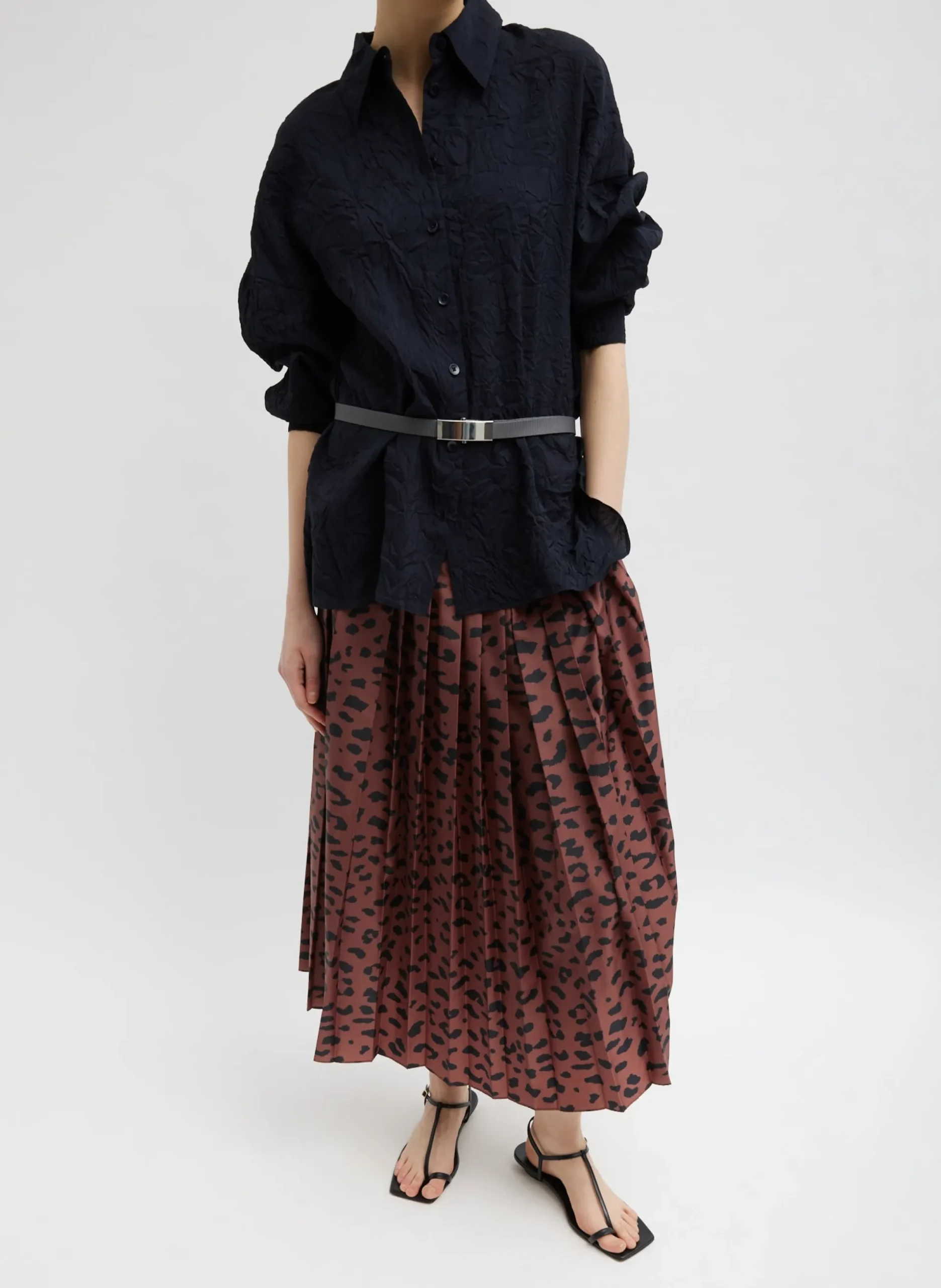 Recycled Sporty Nylon Cheetah Pleated Pull On Skirt