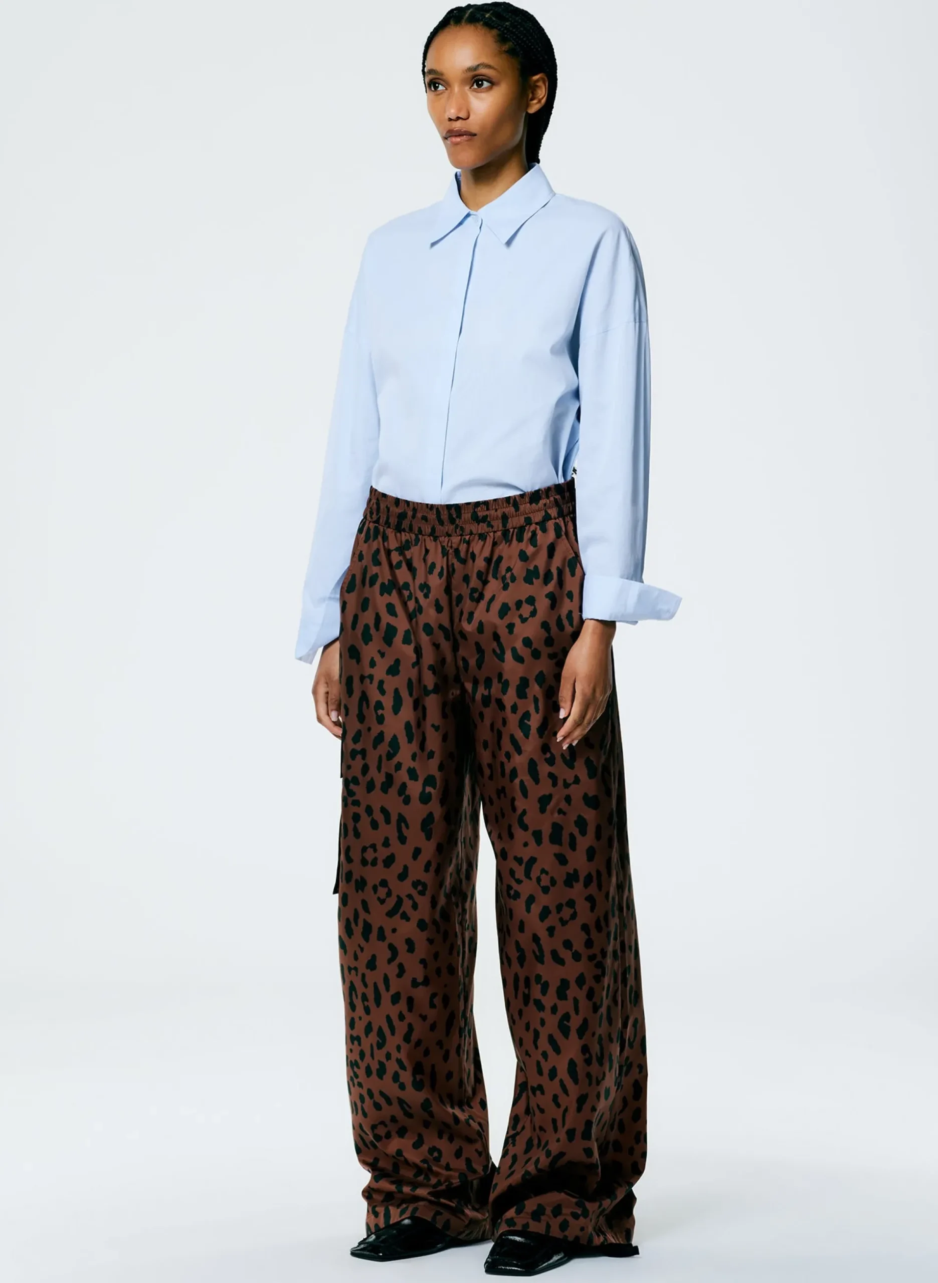 Recycled Sporty Nylon Cheetah Wide Leg Pull On Pant