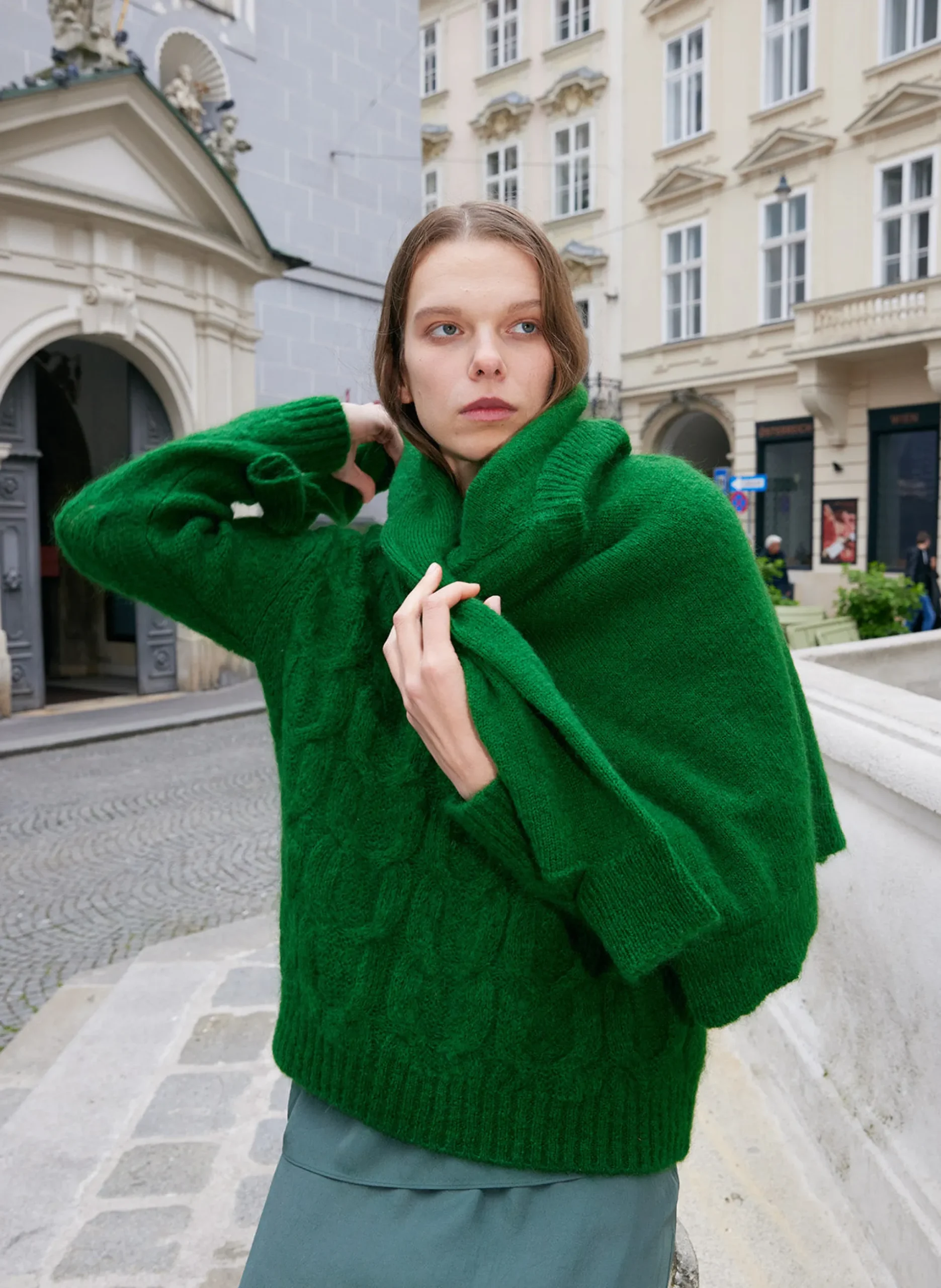 Soft Mohair Cable Crewneck Easy Pullover