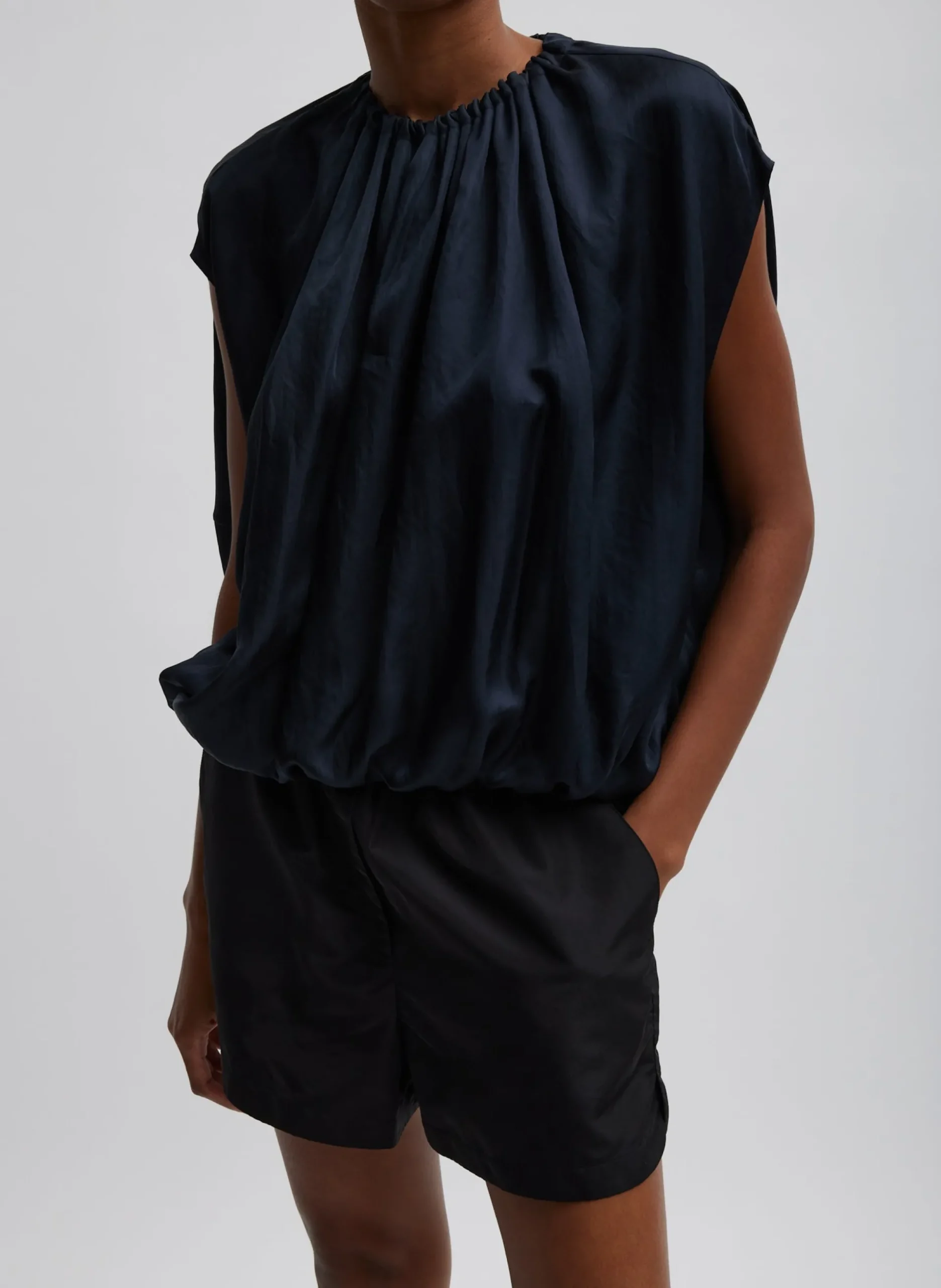 Spring Acetate Shirred Neck Circular Top