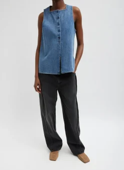 Spring Denim Slit Front Sleeveless Top