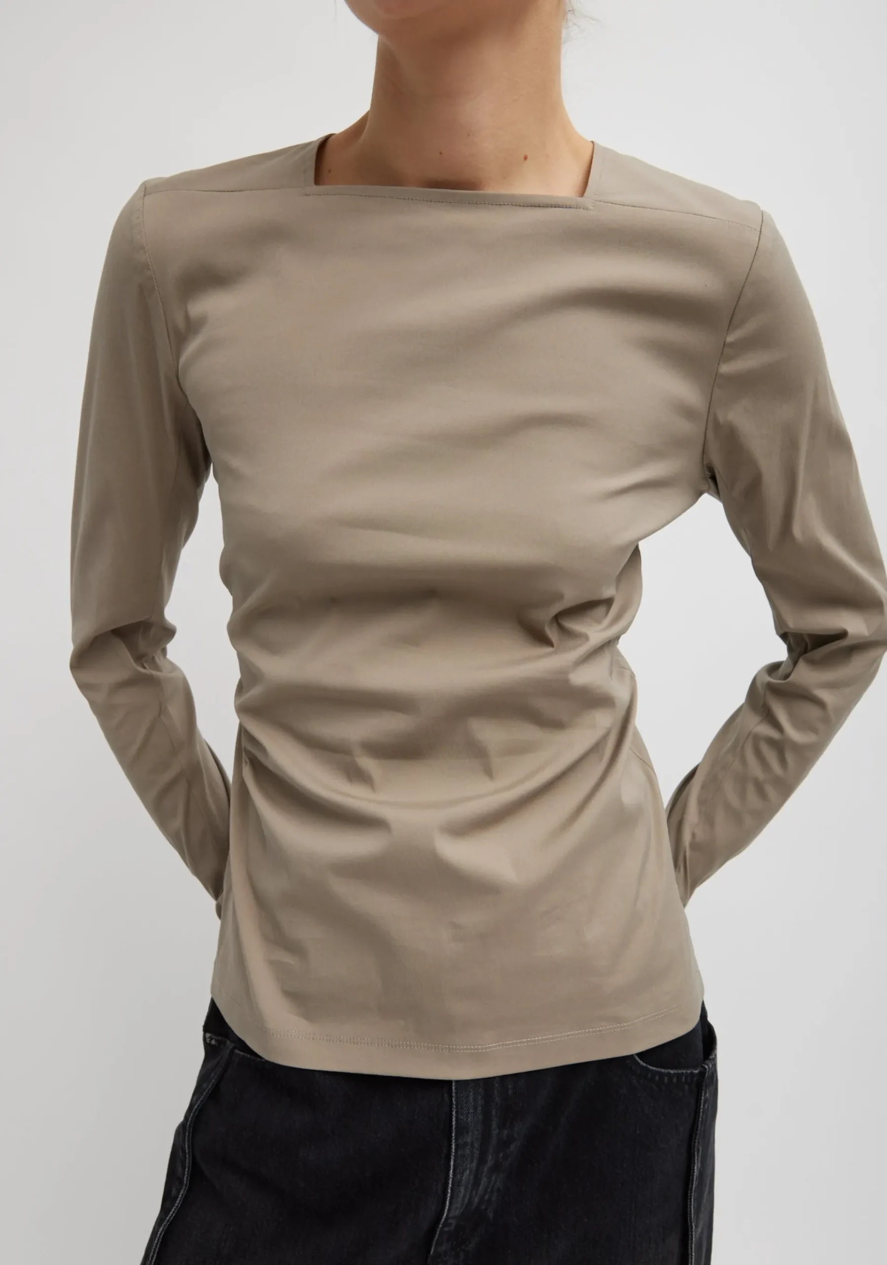 Stretch Cotton Nylon Square Neck Slim Circular Sleeve Top