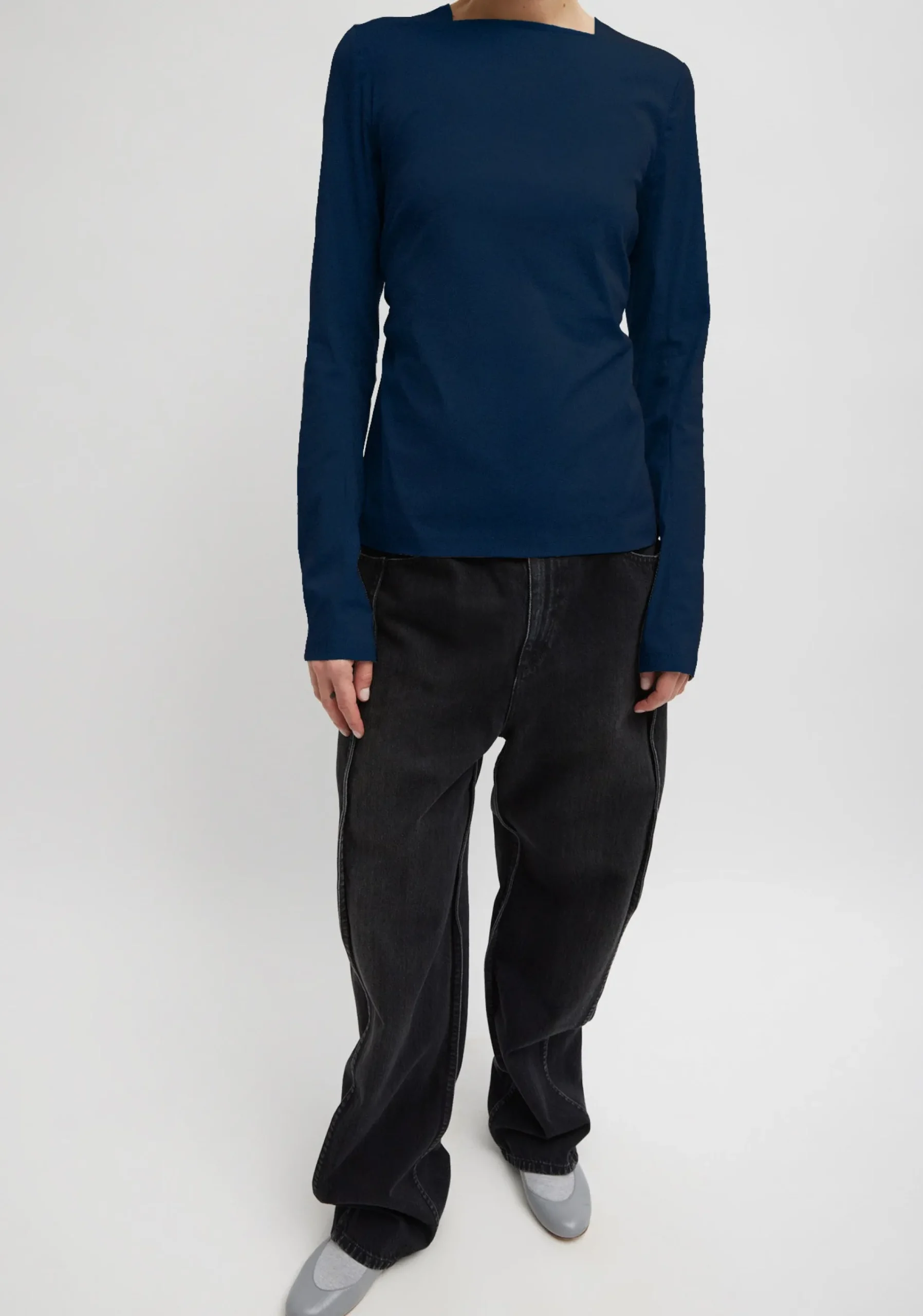 Stretch Cotton Nylon Square Neck Slim Circular Sleeve Top